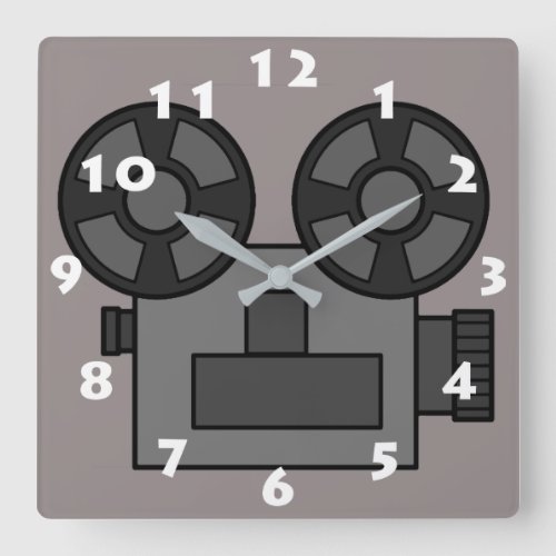 FILM PROJECTOR WITH WHITE NUMBERS SQUARE WALL CLOCK
