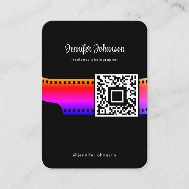Film Roll Camera QR Code Black Business Card (Front)