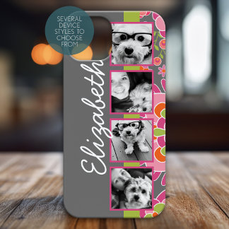 Film Strip Photo Collage Hot Pink Orange Flowers iPhone 15 Plus Case
