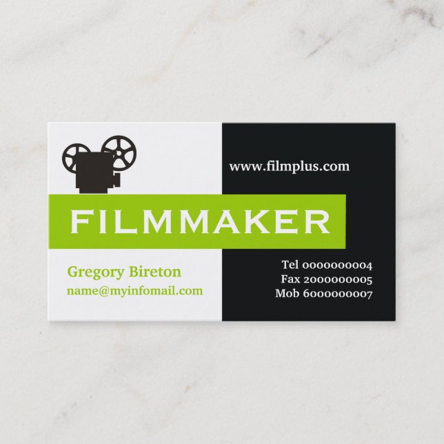 Filmmaker black, white, lime green eye-catching business card (Front)
