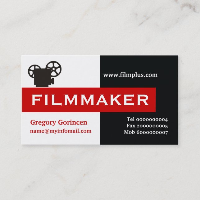 Filmmaker black, white, red eye-catching business card (Front)