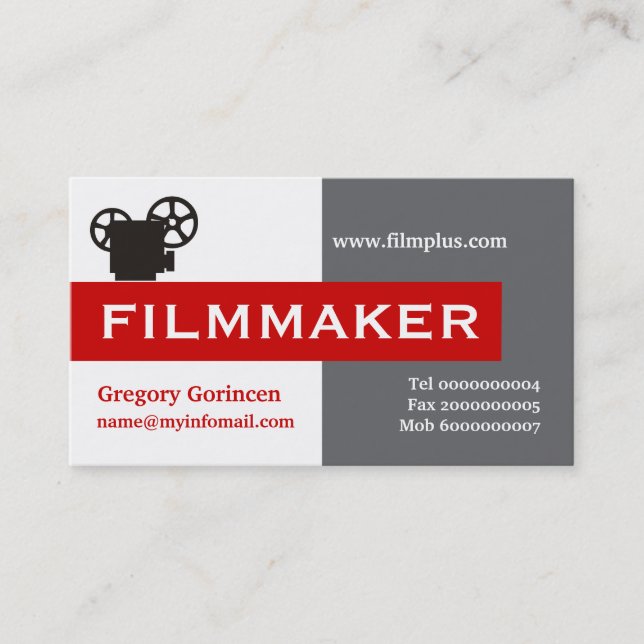 Filmmaker grey, white, red eye-catching business card (Front)