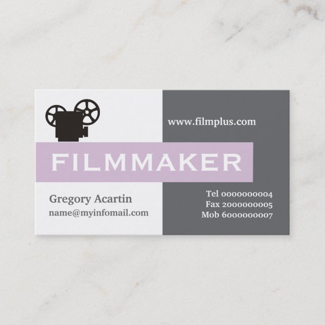 Filmmaker grey, white, thistle purple business card (Front)