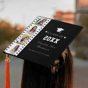 Filmstrip Four Photo Collage   Black Graduation Cap Topper