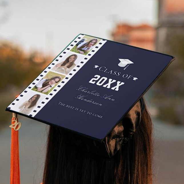 Filmstrip Four Photo Collage | Blue Graduation Cap Topper (Blue Filmstrip Four Photo Collage Graduation Cap Topper)