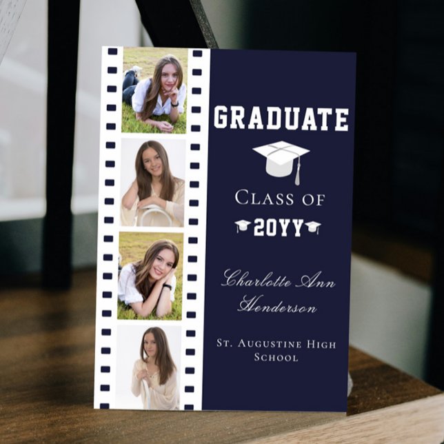 Filmstrip Four Photo Collage Graduation | Blue Invitation (Blue Filmstrip Four Photo Collage Graduation Announcement Invitation)