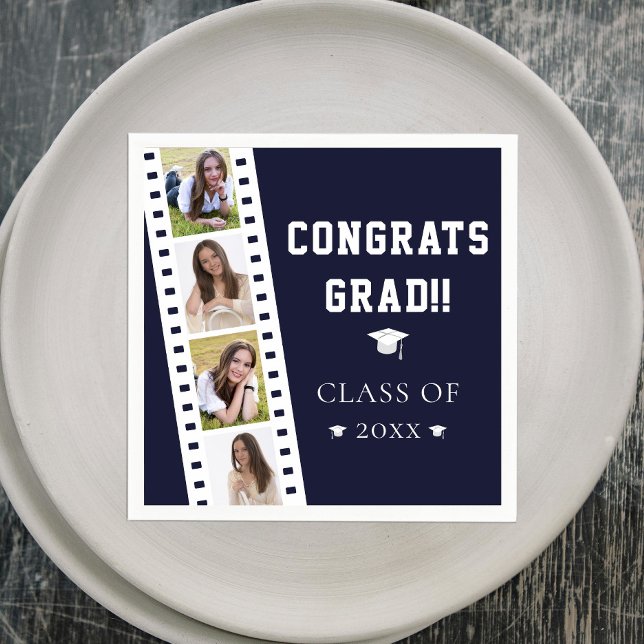 Filmstrip Four Photo Collage Graduation | Blue Napkins (Blue Filmstrip Four Photo Collage Graduation Party Napkins)