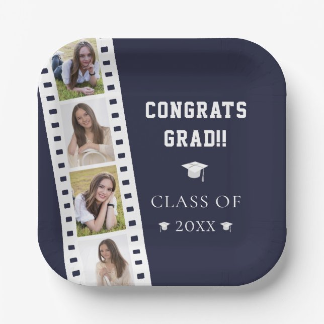 Filmstrip Four Photo Collage Graduation | Blue Paper Plates (Front)