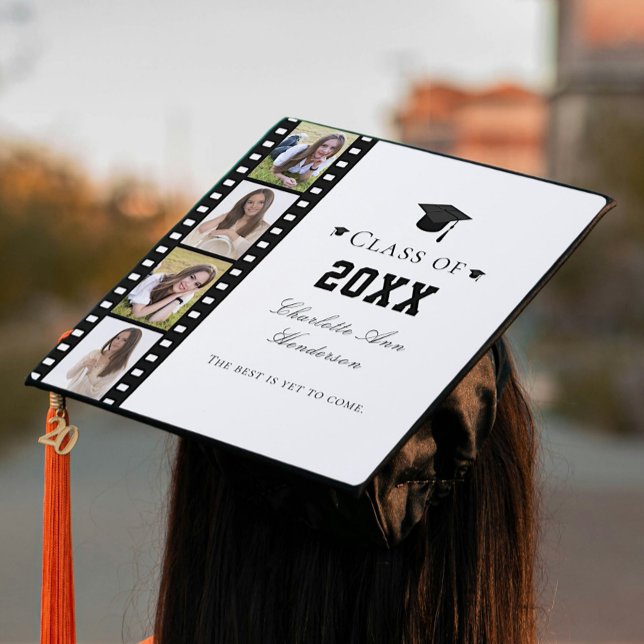 Filmstrip Four Photo Collage  Graduation Cap Topper (White Filmstrip Four Photo Collage Graduation Cap Topper)