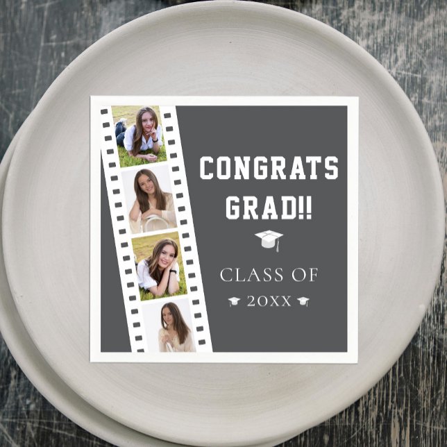 Filmstrip Four Photo Collage Graduation | Gray Napkins (Gray Filmstrip Four Photo Collage Graduation Party Napkins)