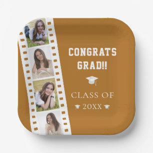 Filmstrip Four Photo Collage Graduation Orange Paper Plates