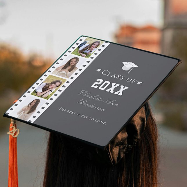Filmstrip Four Photo Collage | Gray Graduation Cap Topper (Gray Filmstrip Four Photo Collage Graduation Cap Topper)