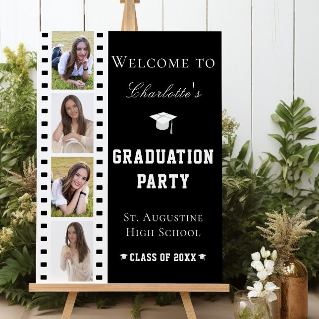Filmstrip Four Photo Collage Open House | Blue Foam Board (Black Filmstrip Four Photo Collage Graduation Open House Welcome Sign)