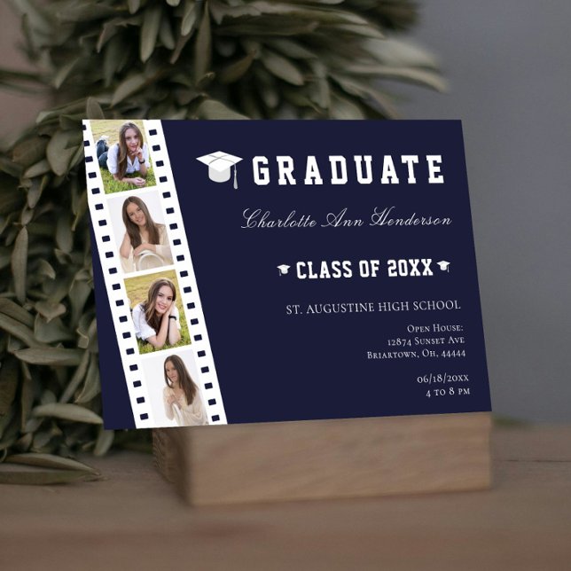 Filmstrip Four Photo Collage Open House | Blue Invitation (Blue Filmstrip Four Photo Collage Graduation Open House Invitation)