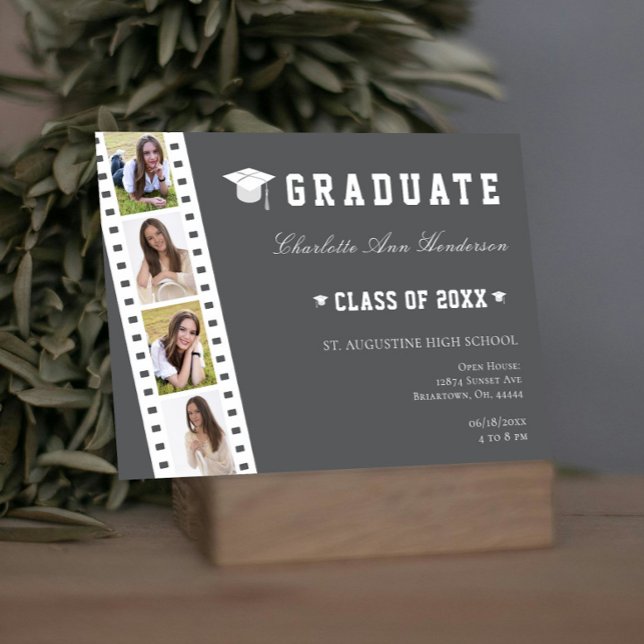 Filmstrip Four Photo Collage Open House | Gray Invitation (Gray Filmstrip Four Photo Collage Graduation Open House Invitation)