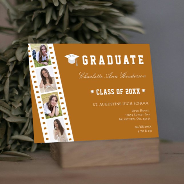 Filmstrip Four Photo Collage Open House | Orange Invitation (Orange Filmstrip Four Photo Collage Graduation Open House Invitation)