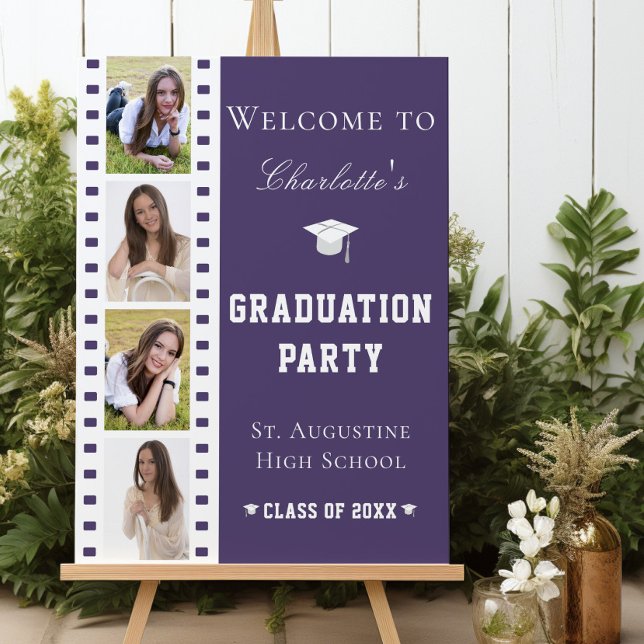 Filmstrip Four Photo Collage Open House | Purple Foam Board (Purple Filmstrip Four Photo Collage Graduation Open House Welcome Sign)