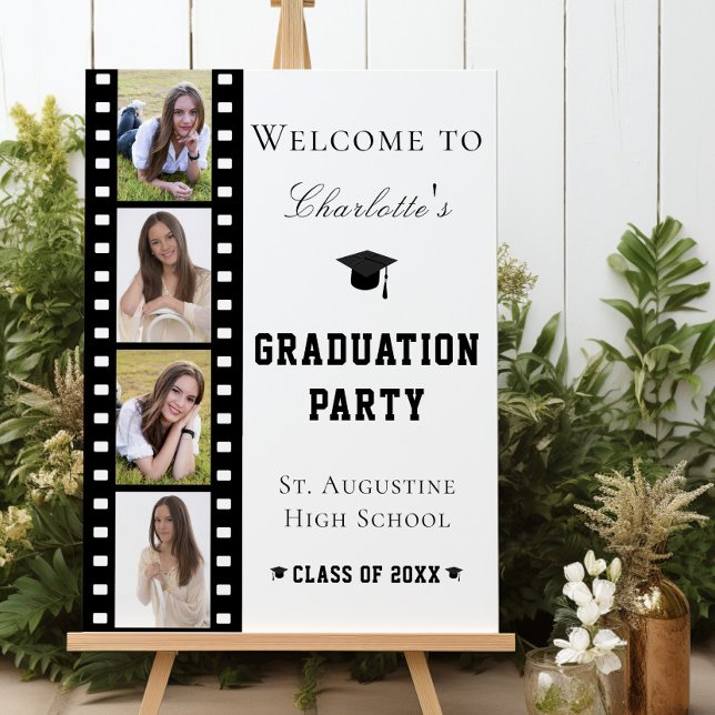 Filmstrip Four Photo Collage Open House Welcome Foam Board (White Filmstrip Four Photo Collage Graduation Open House Welcome Sign)