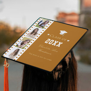 Filmstrip Four Photo Collage Orange Graduation Cap Topper