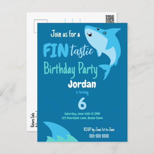 Fin_tastic Shark Birthday Party Kids Under The Sea Postcard