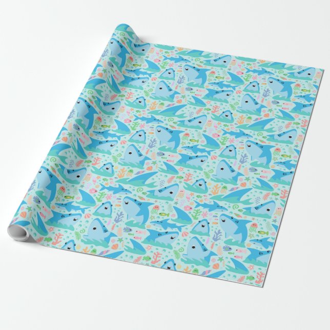Fin-tastic Shark Birthday Party Kids Under The Sea Wrapping Paper (Unrolled)