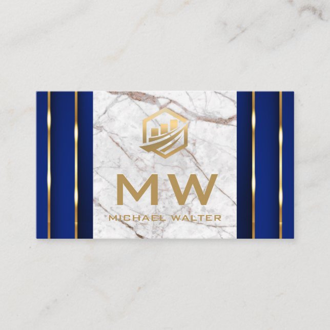 Fin Tech Icon | White Marble | Gold Blue Details Business Card (Front)