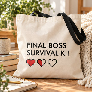 Final Boss Survival Kit Funny Gamer Pixel Heart Tote Bag