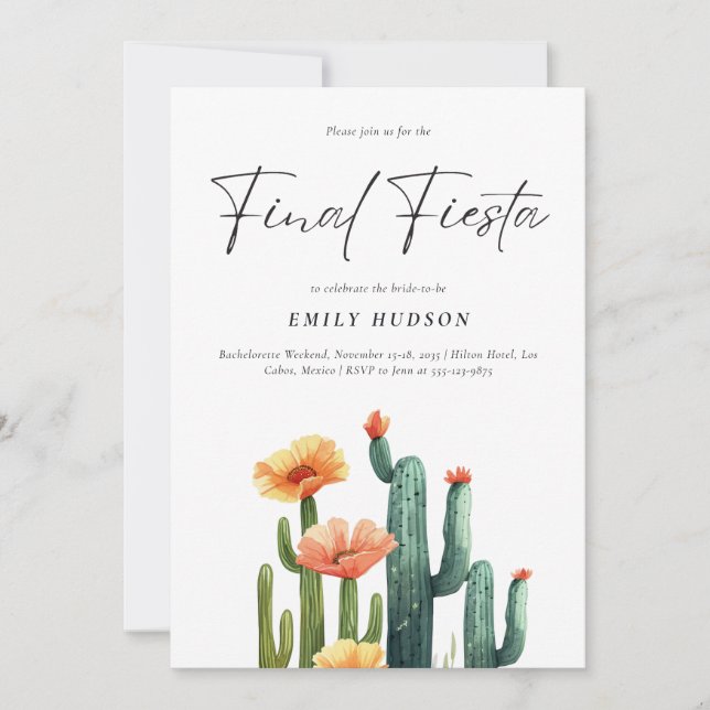 Final Fiesta Cactus Bachelorette Party Invitation (Front)