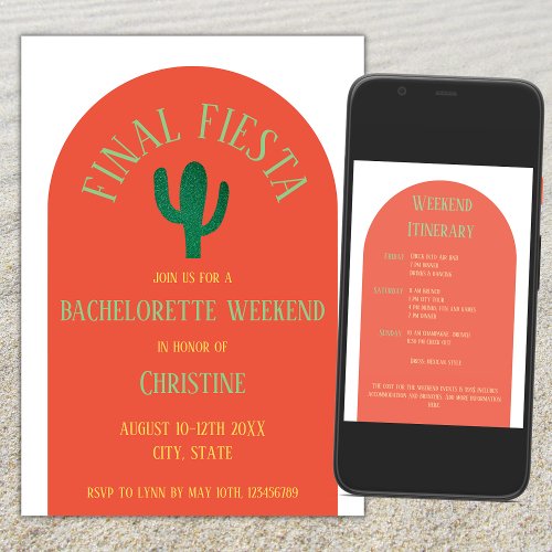 Final Fiesta Cactus Bachelorette Weekend Itinerary Invitation