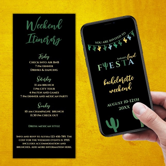 Final Fiesta Cactus Bachelorette Weekend Itinerary Invitation (Final Fiesta Mexican Bachelorette Weekend Itinerary Cactus Bachelorette Vibrant Green And Yellow)