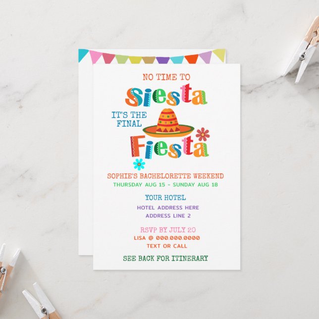 Final Fiesta Itinerary Bachelorette Party  Invitation (Front/Back In Situ)