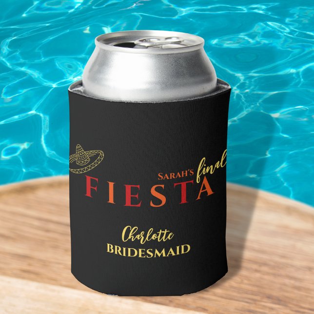 Final Fiesta Mexican Bachelorette Party Can Cooler (final fiesta bachelorette party favors koozie red and orange sombreros mexican party )
