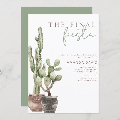 Final Fiesta, Mexican, Cactus Bachelorette Party I Invitation - Final Fiesta Bachelorette Party Invitation, Mexican Bridal Shower Invite, Editable Boho Bachelorette Cactus Invitation 

The cactus theme for this Bachelorette Party Invitation is perfect for a Palm Springs party or any other desert destination. It features a watercolor cactus and handwritten font.