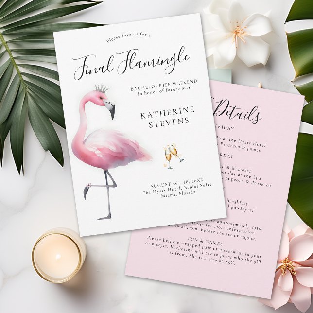 Final Flamingle Fun Bachelorette Party Itinerary Invitation (final flamingle bachelorette party invitation itinerary invite tropical pink flamingo tiara fun cute)