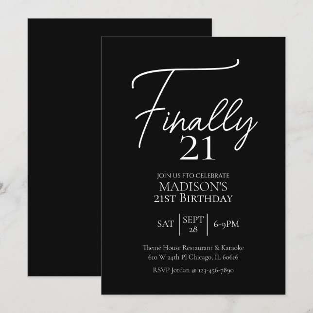 Finally 21 Black & White 21st Birthday Invitation (Front/Back)