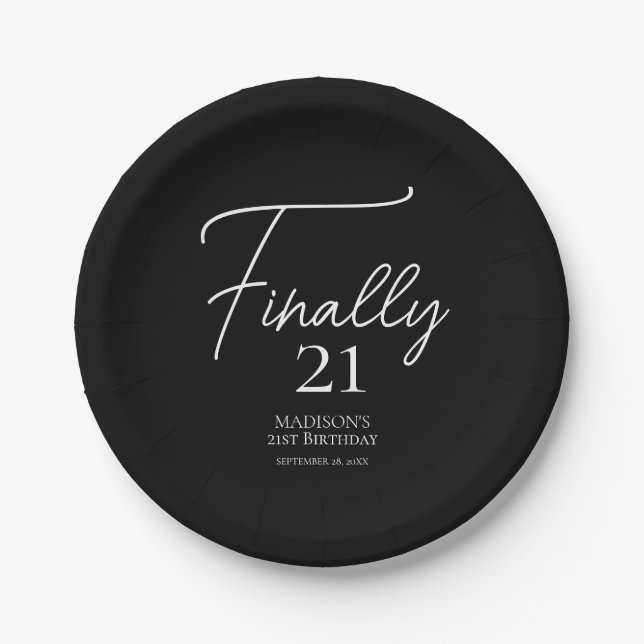 Finally 21 Black & White 21st Birthday Paper Plates (Front)