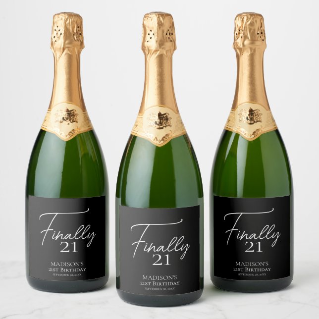 Finally 21 Black & White 21st Birthday Sparkling Wine Label (Bottles)