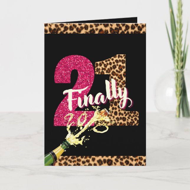 Finally 21 Hot Pink Glitter Animal Print Photo Card (Front)