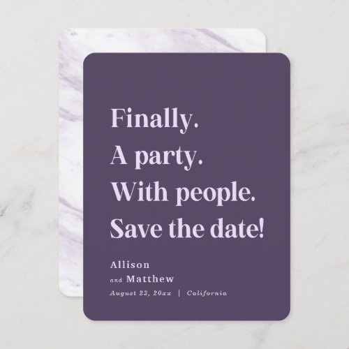 Finally a Party Simple Text Purple Minimalist Save The Date