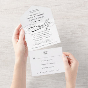 Finally Black and White Calligraphy Wedding All In One Invitation