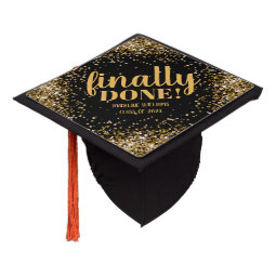 Finally Done Black Gold Glitter Graduation Cap Topper | Zazzle
