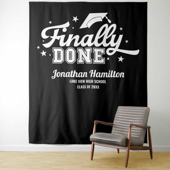 Finally Done Black Graduation Party Backdrop (In Situ)
