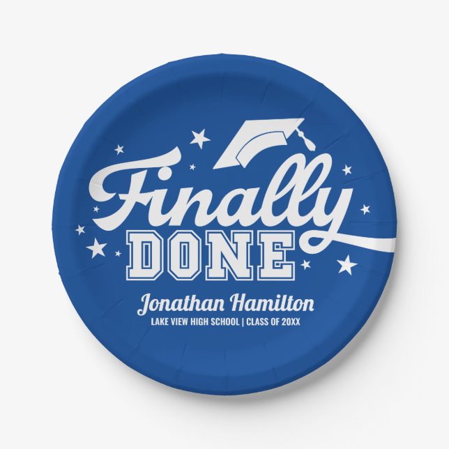 Finally Done Blue Graduation Party Paper Plates (Front)
