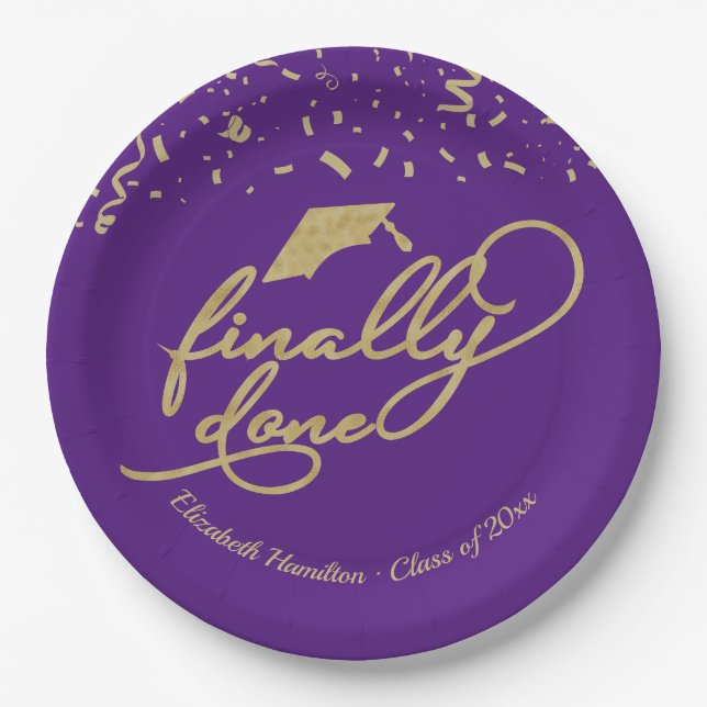 Finally Done Gold Calligraphy Graduation Party Pap Paper Plates (Front)