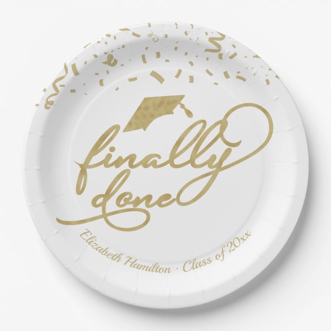 Finally Done Gold Calligraphy Graduation Party Pap Paper Plates (Front)