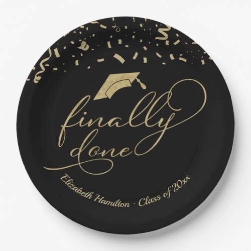 Finally Done Gold Calligraphy Graduation Party Paper Plates