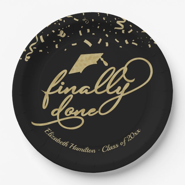Finally Done Gold Calligraphy Graduation Party Paper Plates (Front)