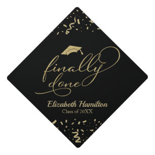 Finally Done Gold Calligraphy On Black Graduation Cap Topper