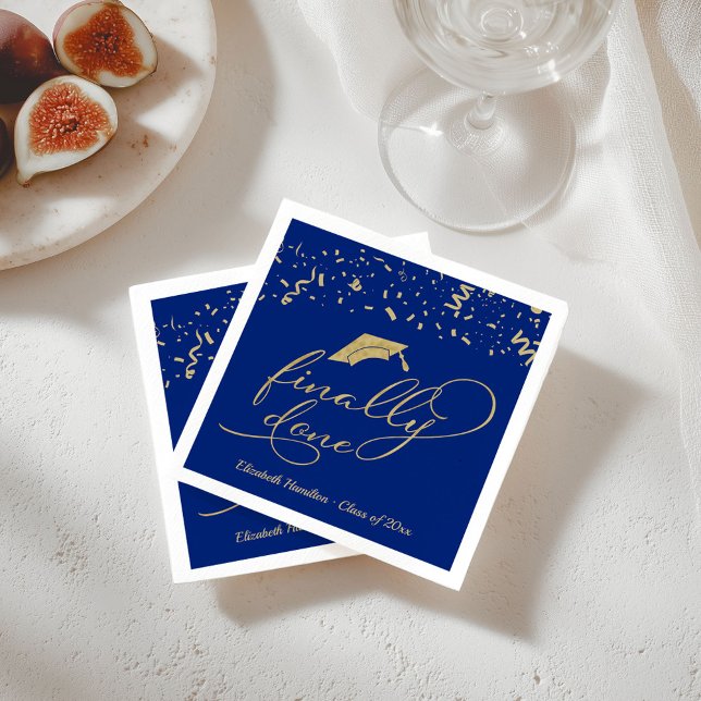 Finally Done Gold Script Blue Graduation Party Napkins (Creator Uploaded)