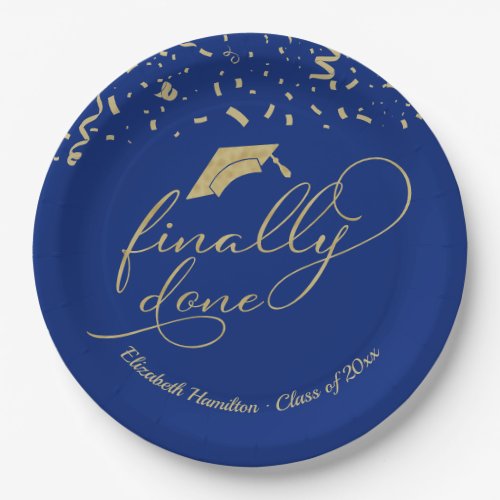 Finally Done Gold Script Graduation Party Blue Paper Plates